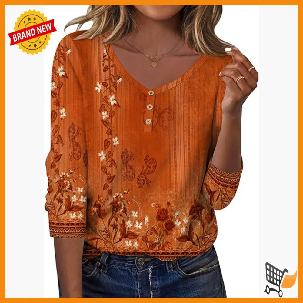 Long Sleeve V-Neck Blouse, Loose Fit, Business Casual, Floral Print
